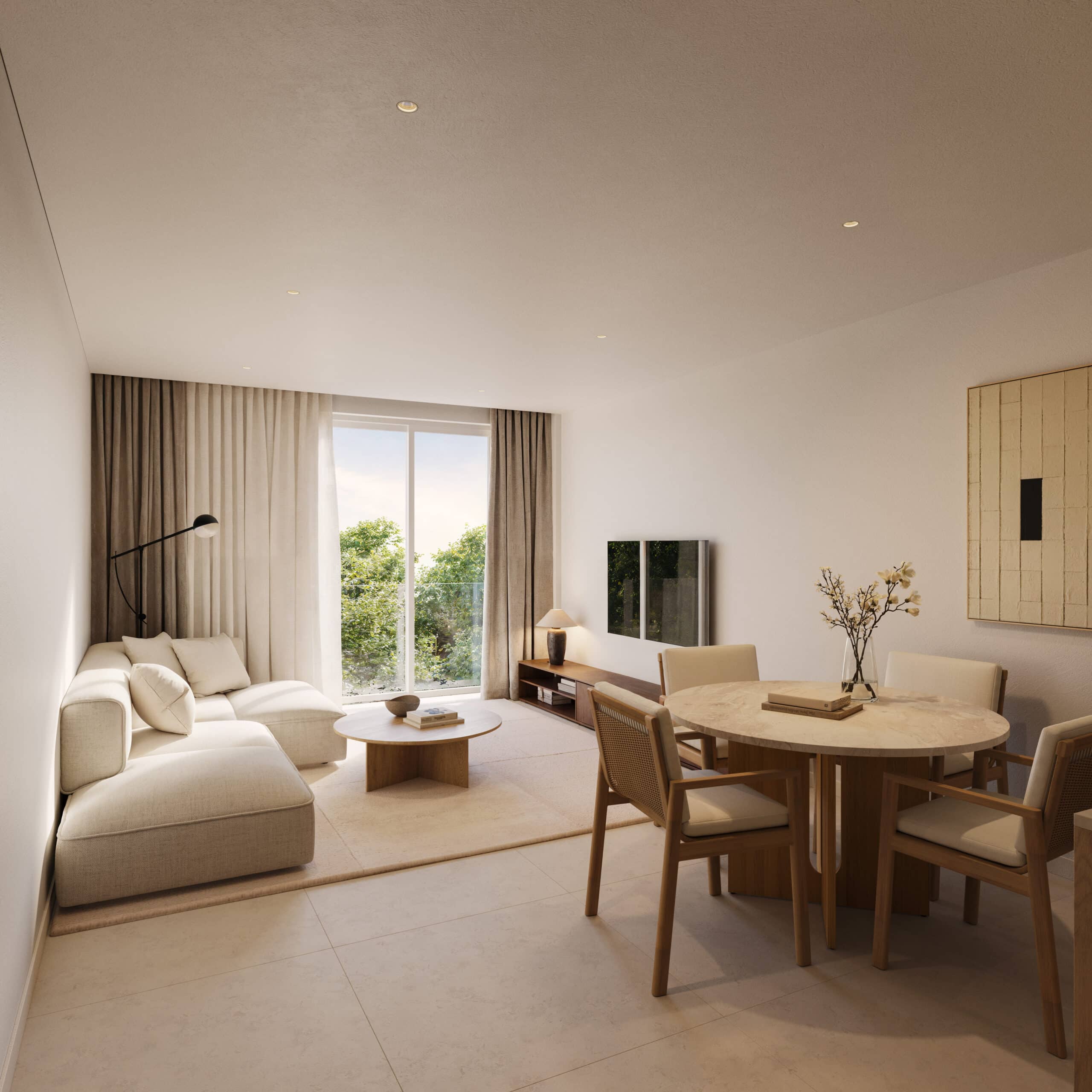 Living and dining room with large windows letting in natural light at Residencial Mikado 