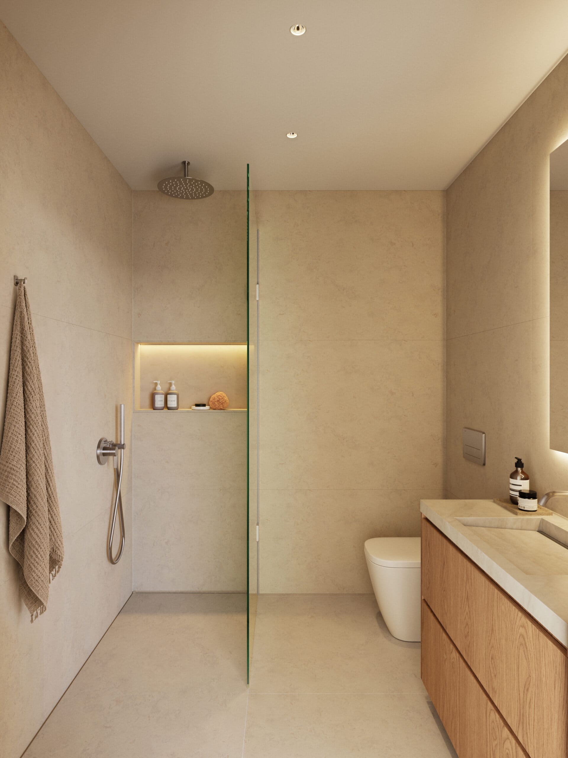 Bathroom of the detached house finished in warm materials