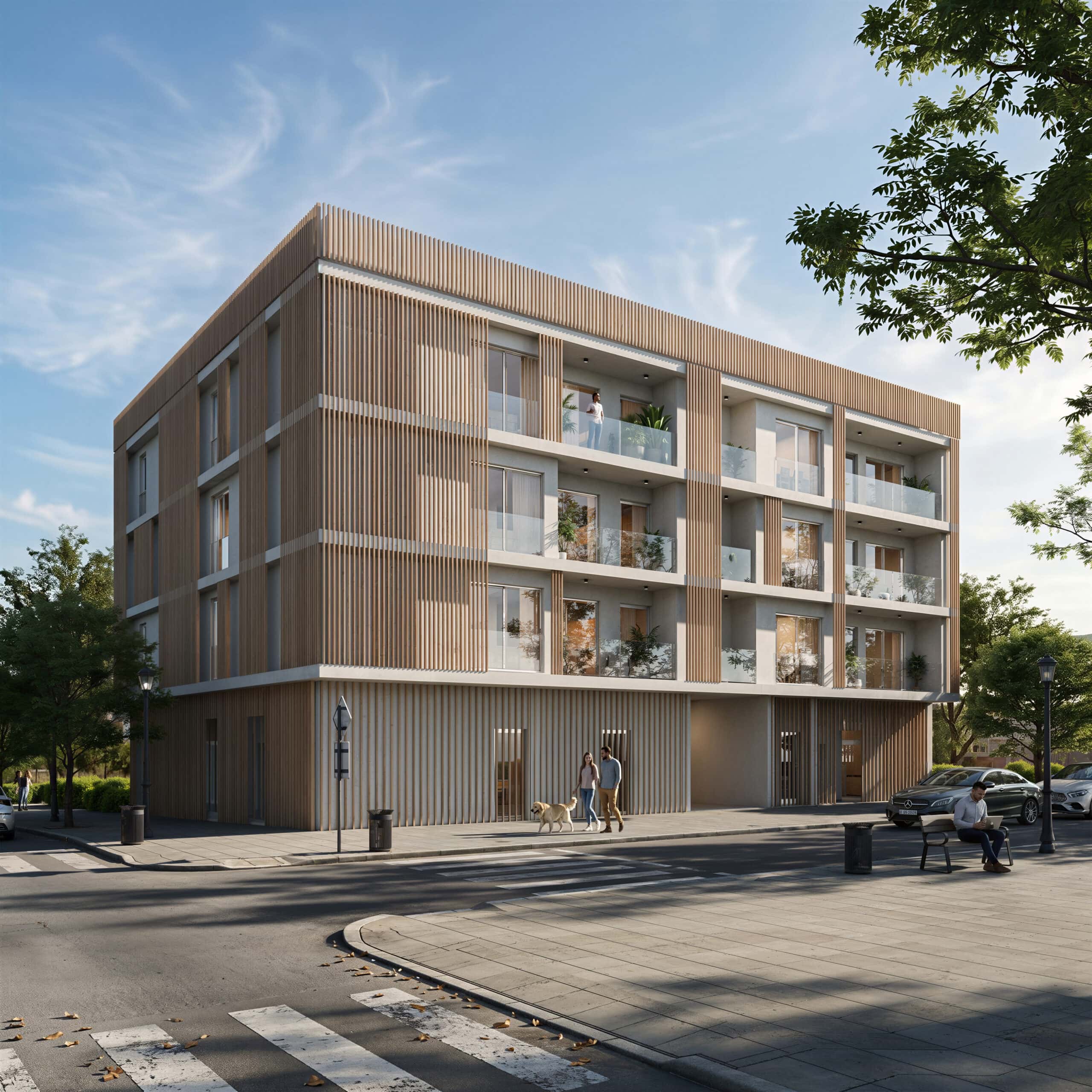Residencial Mikado exterior seen from an angled perspective